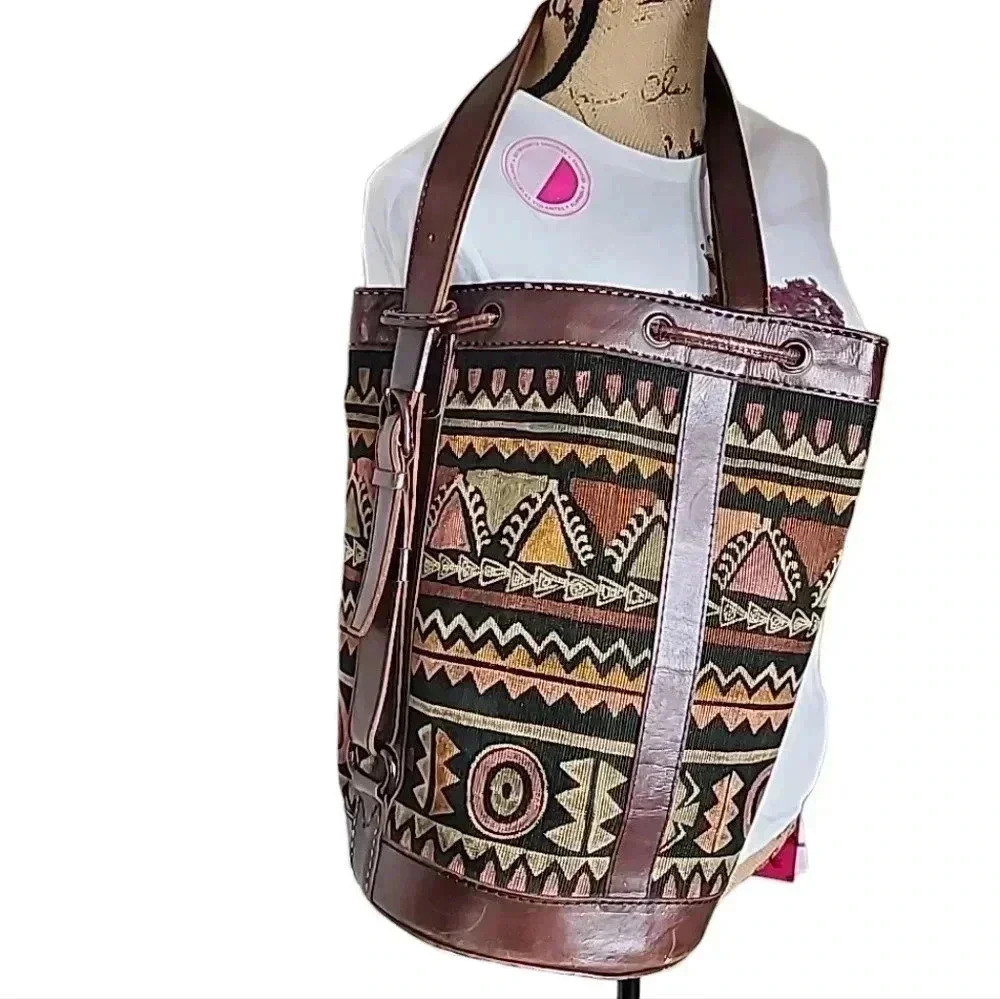 Vintage Island Imports Tribal Print Leather Bucket Bag – Rare Find - Picture 3 of 11